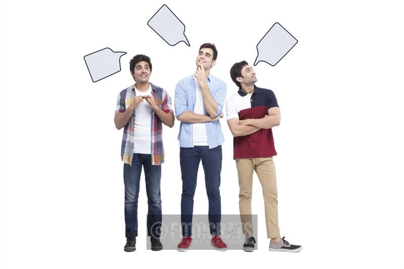 three boys with thought box above