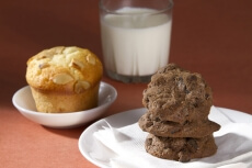 chocolate cookies with muffins and milk